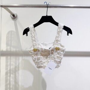 🚩steal authentic Balmain White Textured Crop Top with Gold Accents